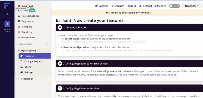 The dashboard of flagsmith where information about remote config and feature flags is given